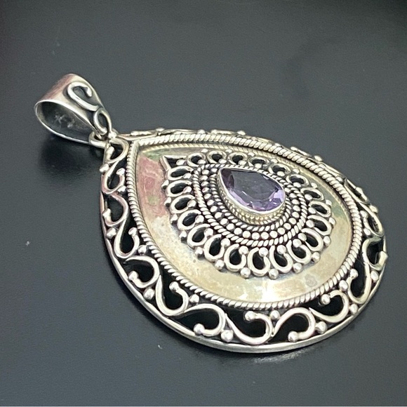 Vintage DP 925 Sterling Silver Filigree Bali Amethyst Large Teardrop Pendant 26g - Picture 8 of 16